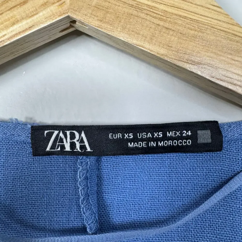 Zara Women's Blue Romper XS Linen V-Neck Jumpsuit Vacation Resort